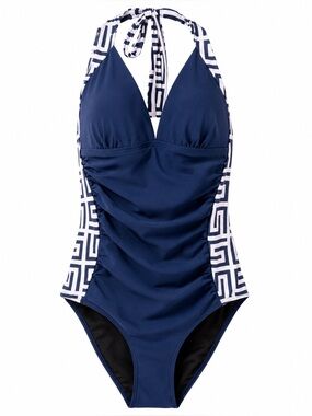Navy Halter One-Piece Swimsuit with White‎ Geometric Side Panels